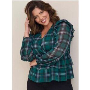 Torrid Womens Chiffon Ruffled Surplice Crop Top Green Plaid Blouse Size 2x plus